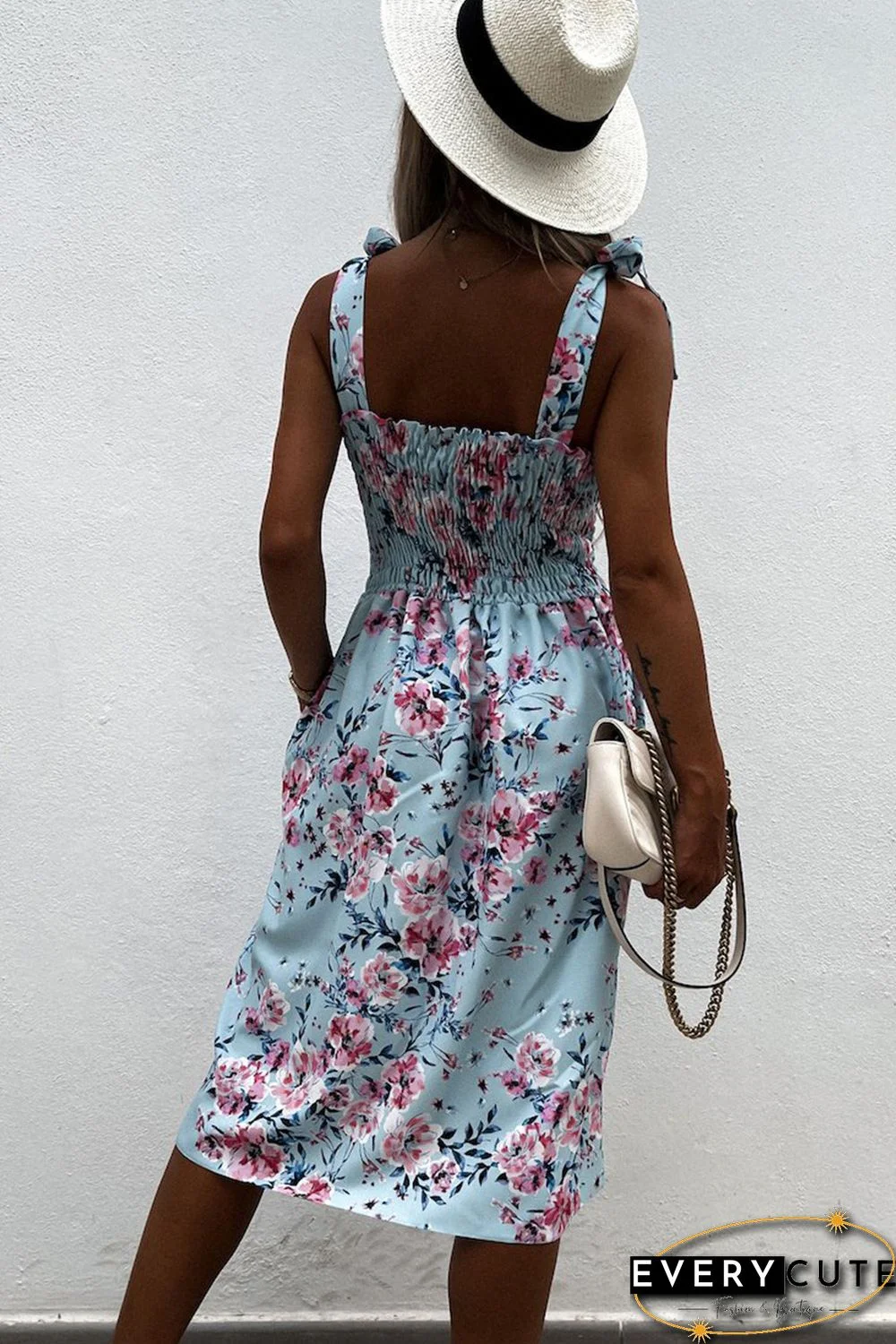 Sky Blue Tie Straps Smocked Floral Dress