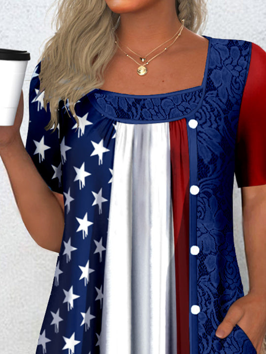 Women's Short Sleeve Scoop Neck Graphic Star Printed Lace Tops