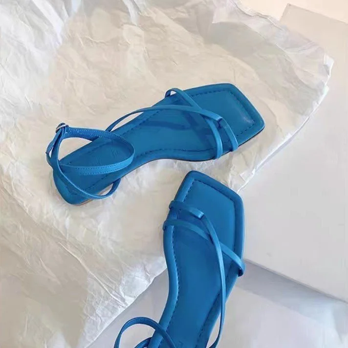 Yyvonne New Holiday Wind Korean Plate Cross Fine With Roman Sandals Cover Blue Flat Sandals