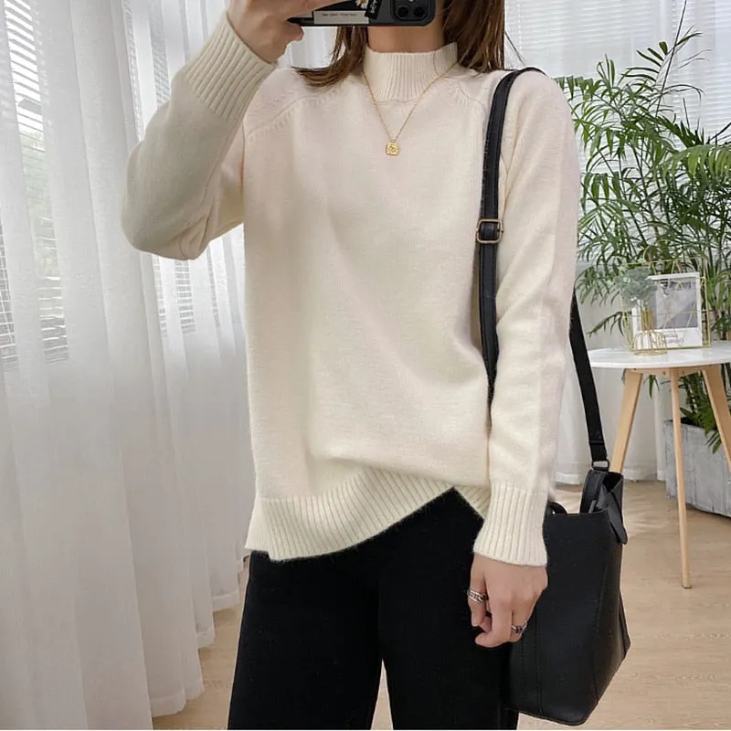 Women Mock Neck Pullovers Sweater High Quality Oversized Jumper Split Fall Winter Clothes Beige Purple Green 8 Colors  C-232