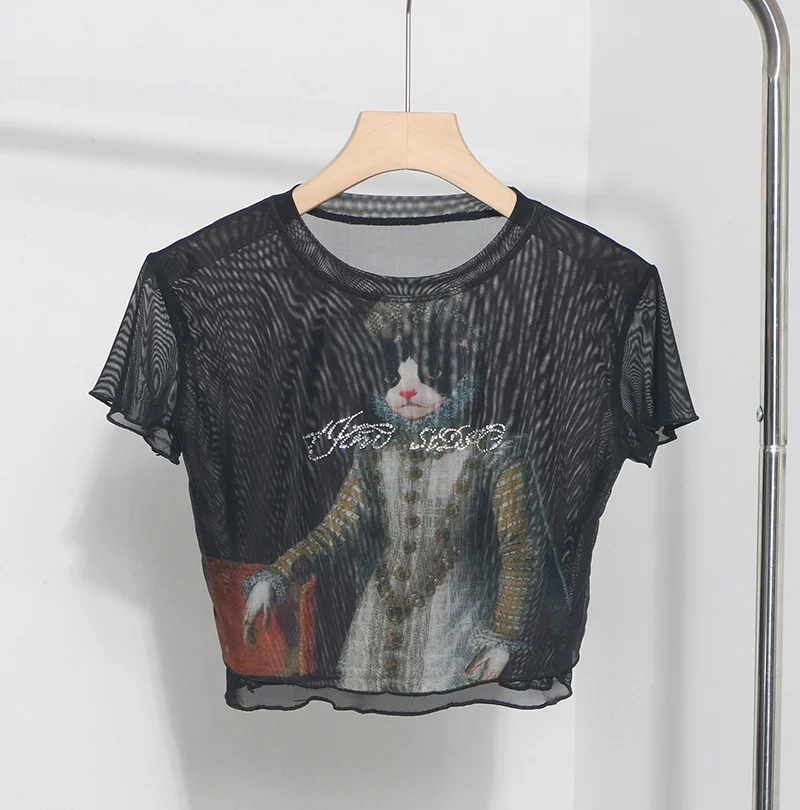 Uveng Front Double-Layer Mesh Hot Wood Ear Print Short-Cut Umbilly T-Shirt 8832-1