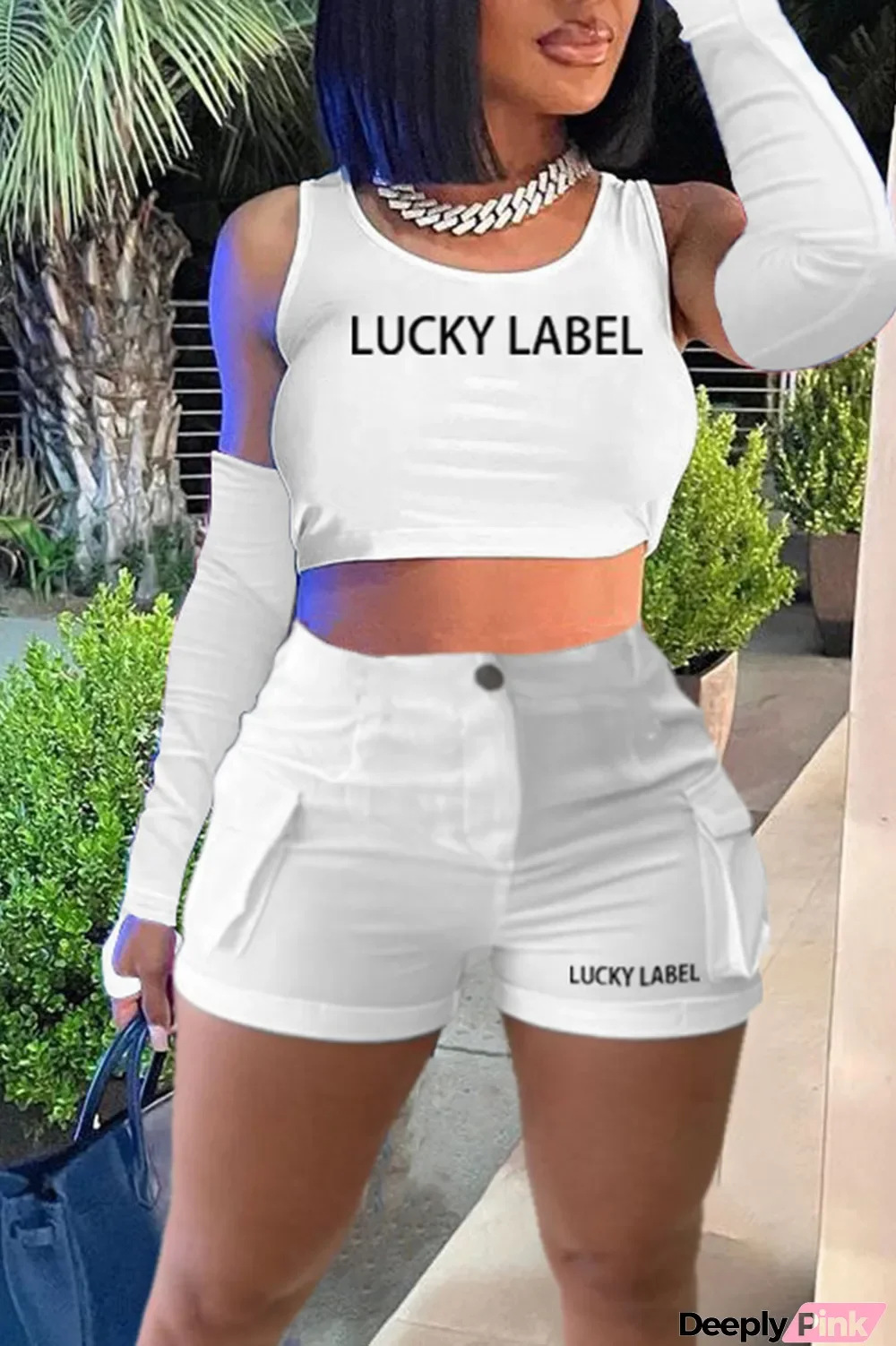 White Casual Street Print Patchwork O Neck Two Pieces(Including The Sleeve)