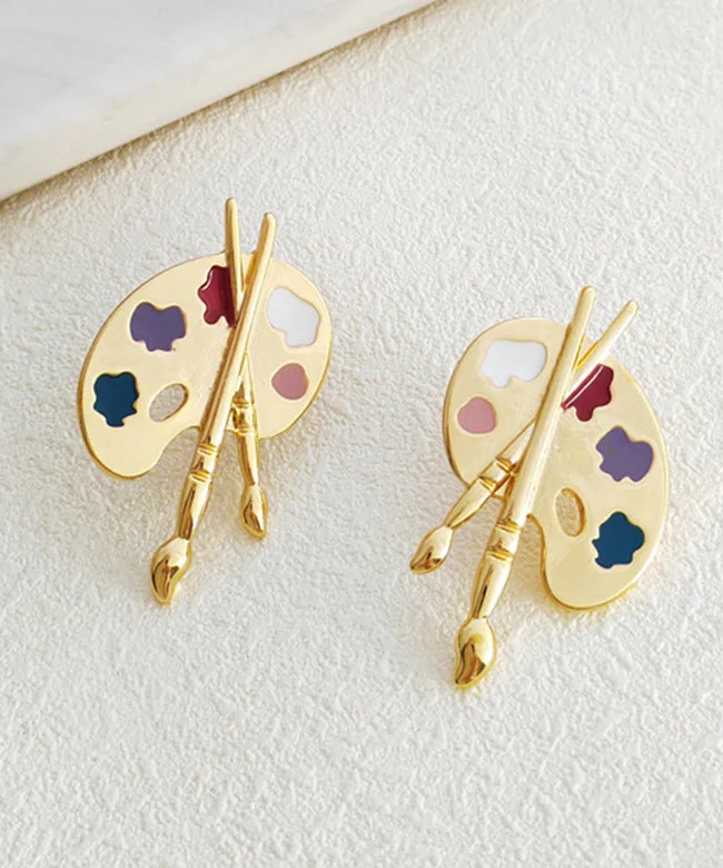 Gold Brushes and Palettes Stud Earrings