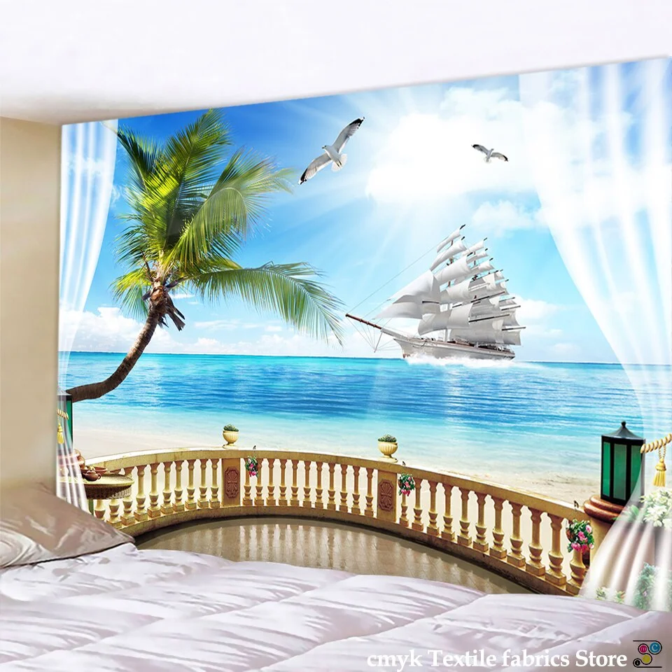 seaview room Tapestry Sea Coconut Tree Wall Hanging Beach Tapestries 3D Printed Large Wall Tapestry Boho Hippie Home Decor
