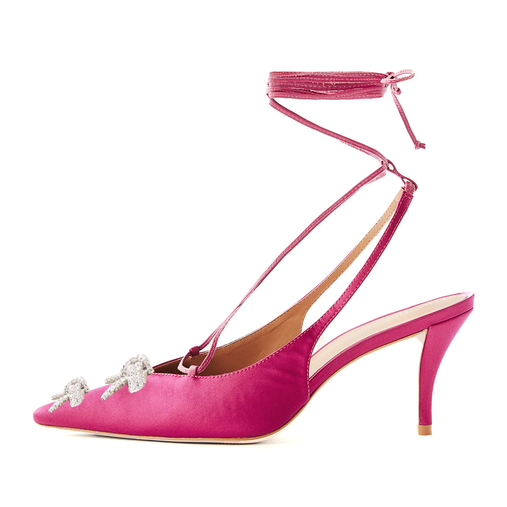 Fuchsia Satin Pointed Toe Lace Up Pumps Heels with Rhinestone Bow Nicepairs