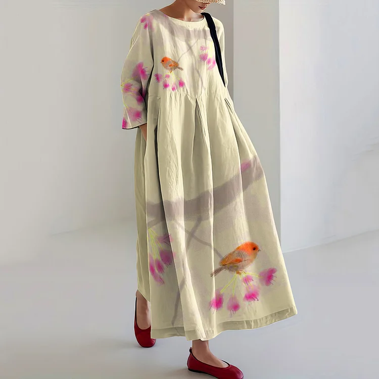 VChics Vintage Blossom Birds Linen Blend Comfy Maxi Dress