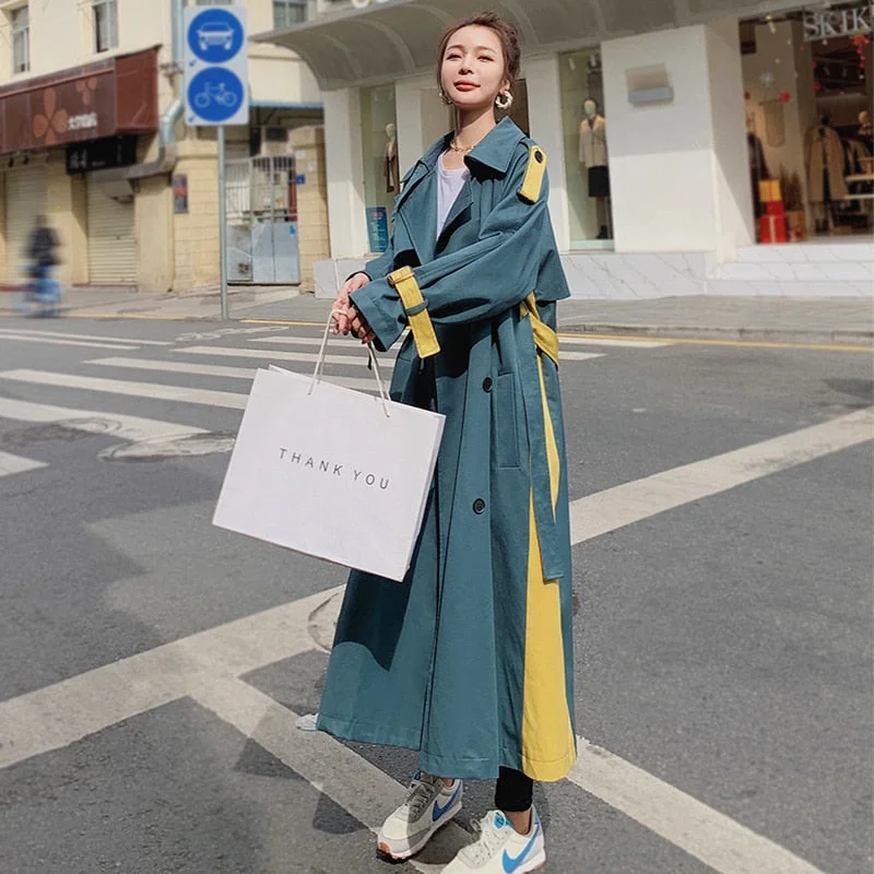 Korean Style Double-Breasted Trench Coat Women Oversize Long Loose Duster Coat for Lady Spring Autumn Outerwear with Belt