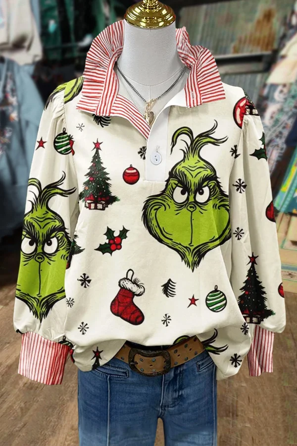 Funny Christmas Grinch Print Striped Collar Top