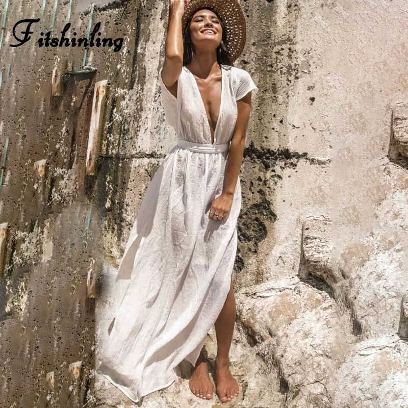 Fitshinling Backless Deep V Neck Boho Long Dress Tunic Swimwear Sexy Hot White Dress Slit Summer Holiday Pareo Women Maxi Dress