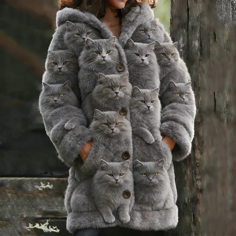  Theatrical Cat Plush Long Hooded Cardigan Westsshops
