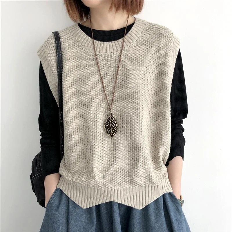 Churchf Churchf 2024 Solid Color Loose Round Collar Horse Clip Vest Wear Irregular Head Short Knit Vest Women's Vest