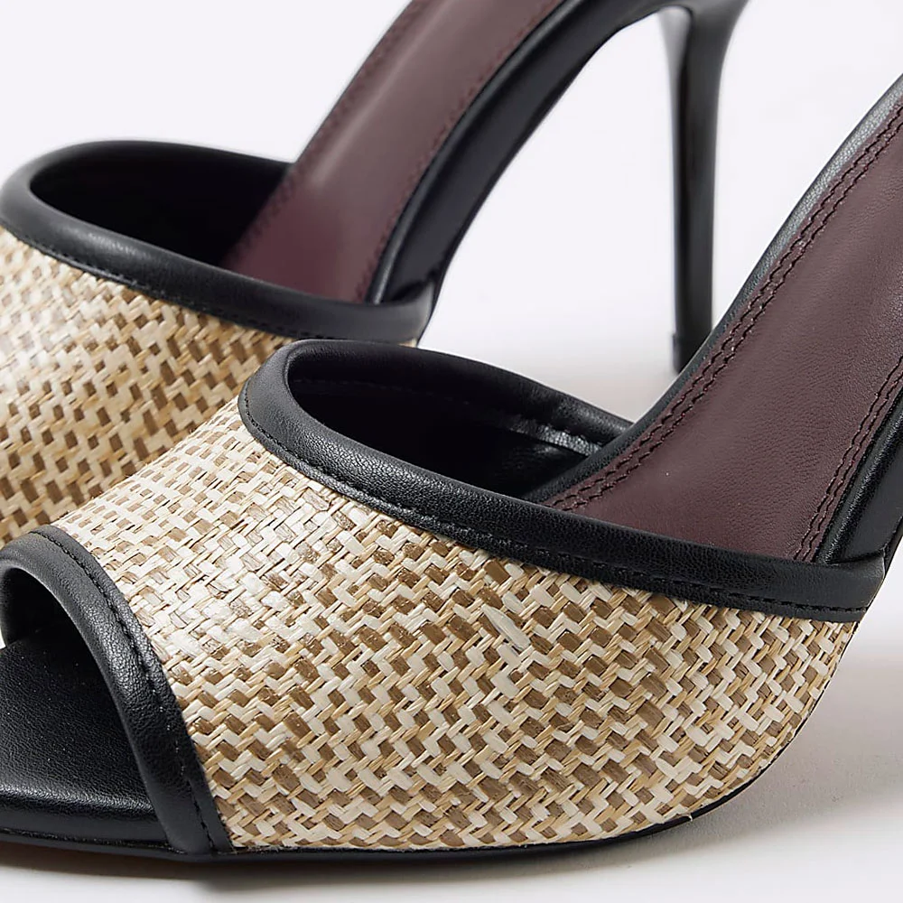 Black & Beige Raffia Peep Toe Stiletto Heel Slide Shoes for Women