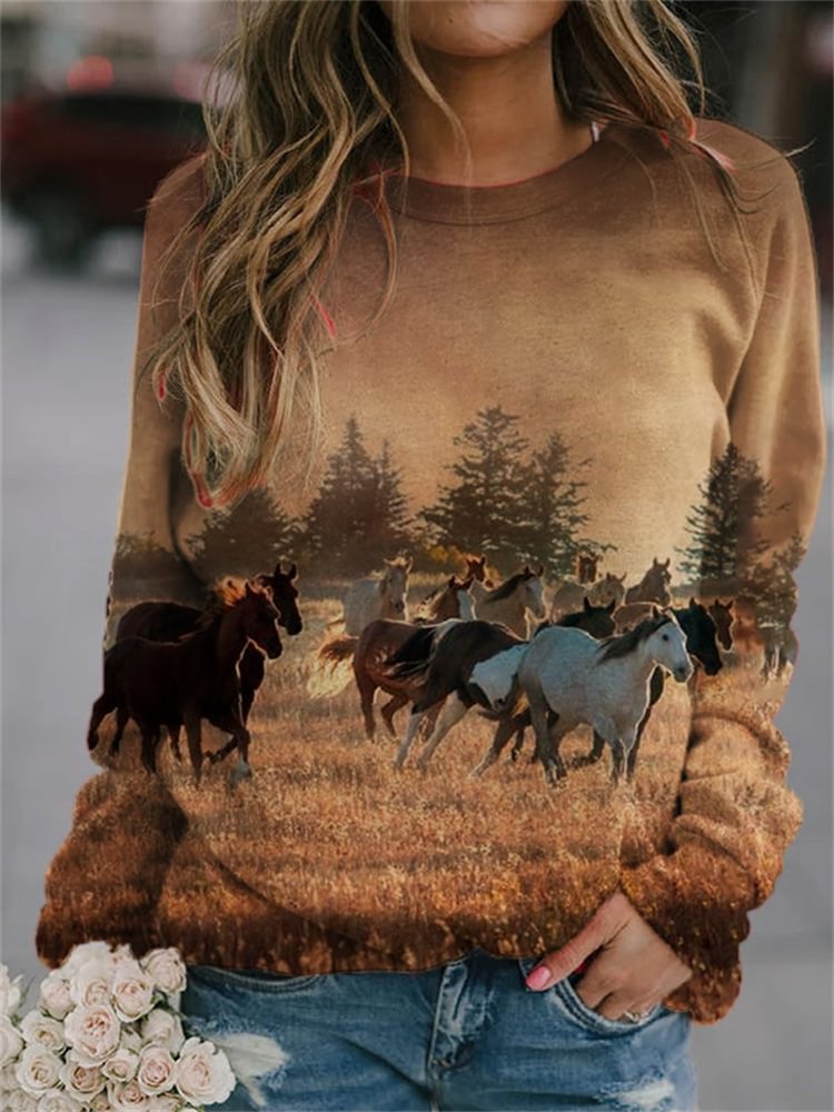 Vefave Western Running Horses Scene Print Sweatshirt