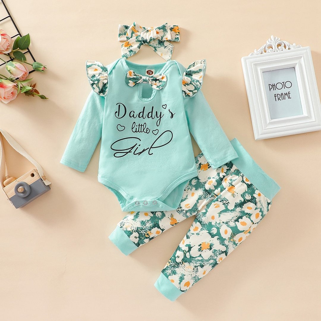 3PCS Daddy‘s Little Girl Letter Floral Print Baby Set
