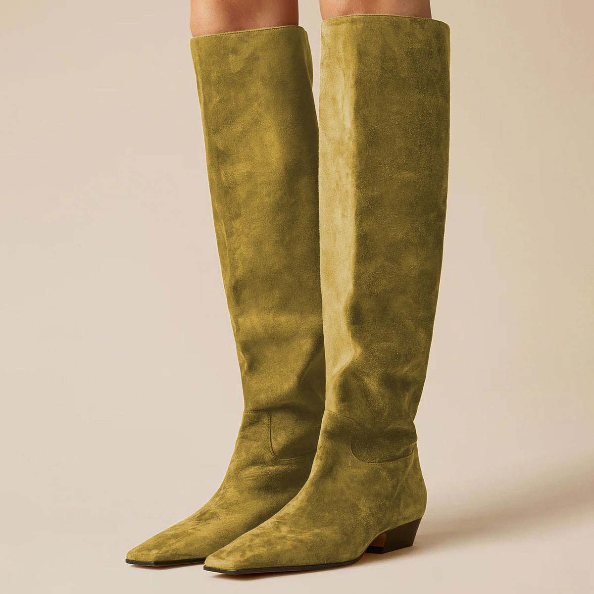 Vegan Suede Pull-On Square Toe Chunky Heel Knee High Boots in Olive Nicepairs