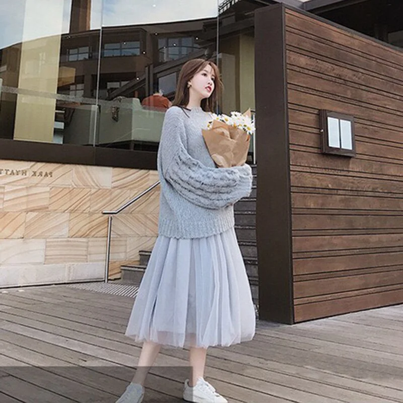 Women Two Piece Sets Autumn Winter Sweater Girls Loose Simple Knitting Tops Womens Mesh Elegant Casual Korean Style Fashion Chic