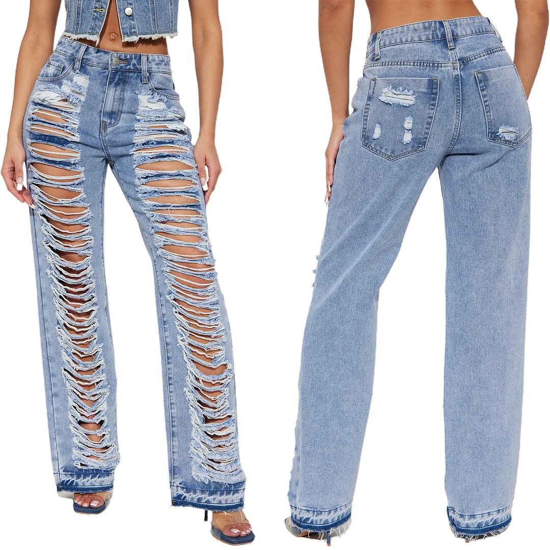 Women's New High-waist Ripped Hole Casual Pants Elastic Raw-edge Denim Jeans
