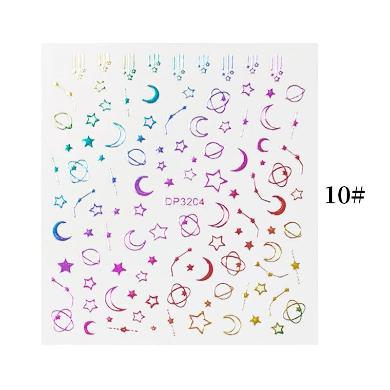 English Letter Design 3D Nail Stickers Iridescent Geometrics Gold Stars Moon Transfer Nail Art Sliders Decoration Accessories-Nail Inspo