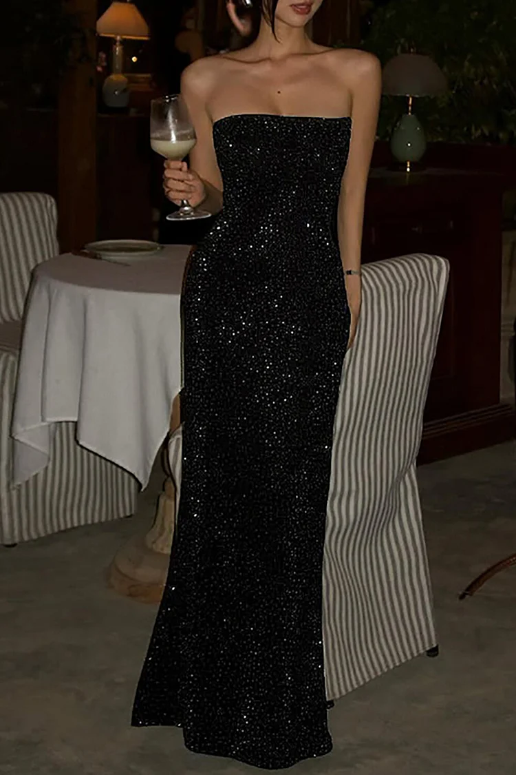 Boat Neckline Strapless Hot Drilling Bodycon Party Maxi Dresses-Black