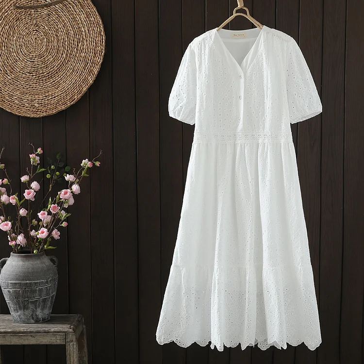 Women's Embroidery Floral Dress Boho Midi Dress