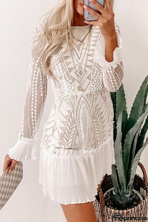 Lace Pleated Long Sleeve Ruffle Dress