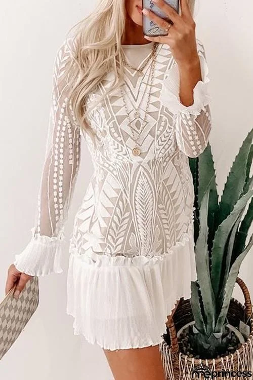 Lace Pleated Long Sleeve Ruffle Dress