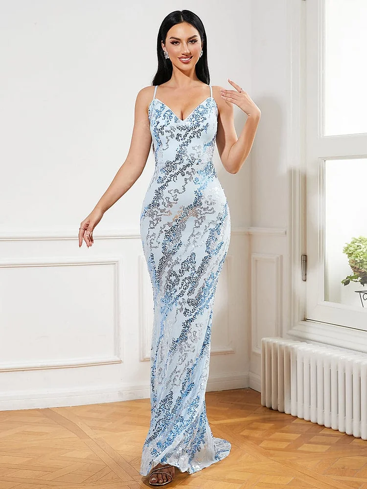 Spaghetti V Neck Mermaid Blue Prom Dress RH30420