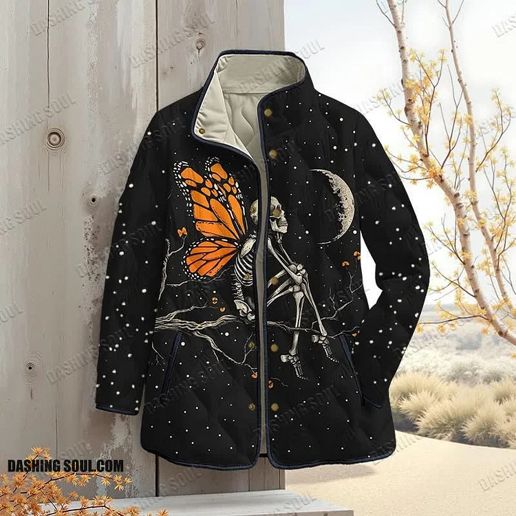 Butterfly Skull Looking At The Moon Halloween Print Outerwear Jackets
