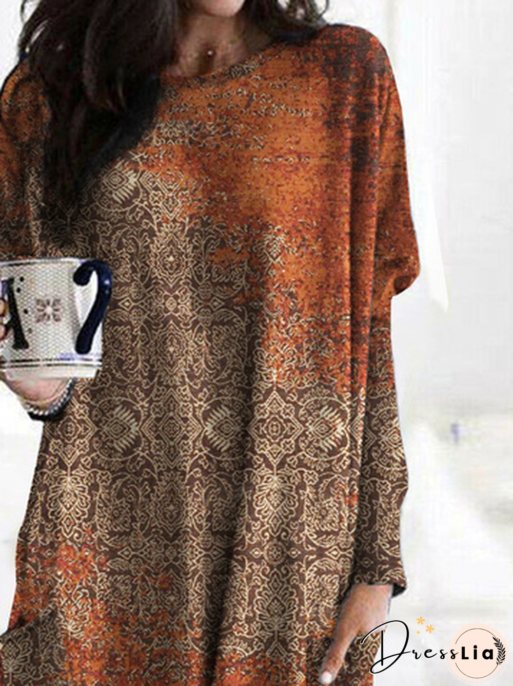 Ethnic Printed Crew Neck Casual Patchwork Pockets Plus Size Tops