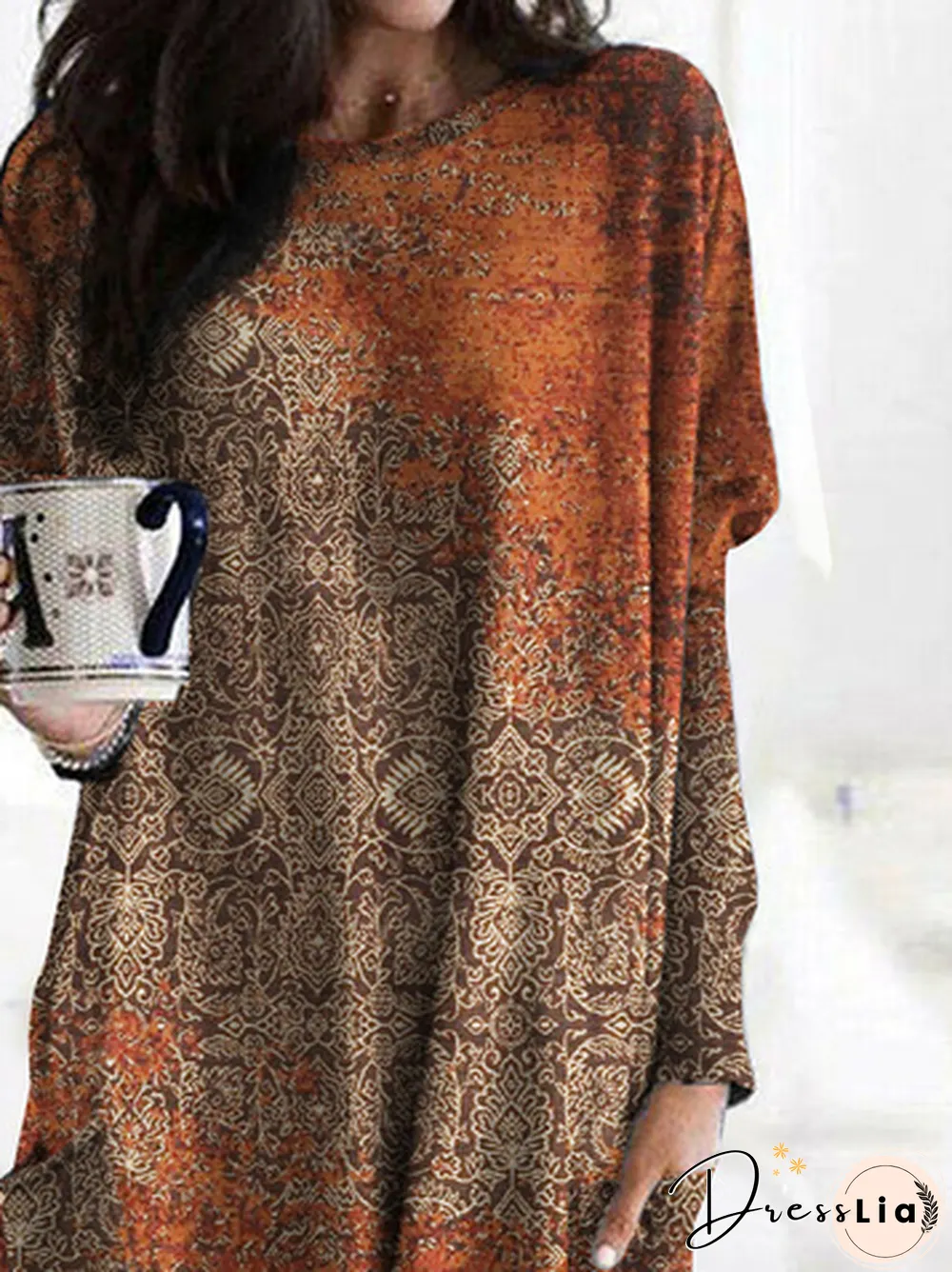Ethnic Printed Crew Neck Casual Patchwork Pockets Plus Size Tops