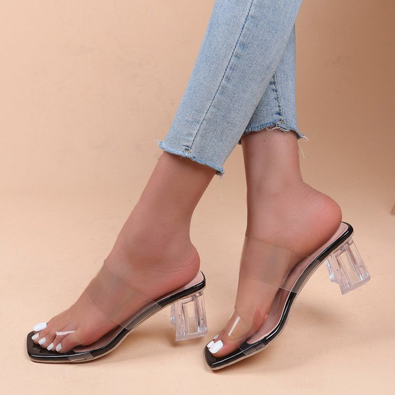 Clear two strap square toe slide chunky heel sandals