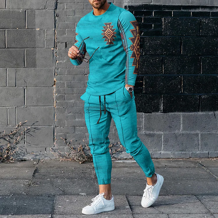 Leisure Lake Blue Ethnic Print T-Shirt And Pants Co-Ord