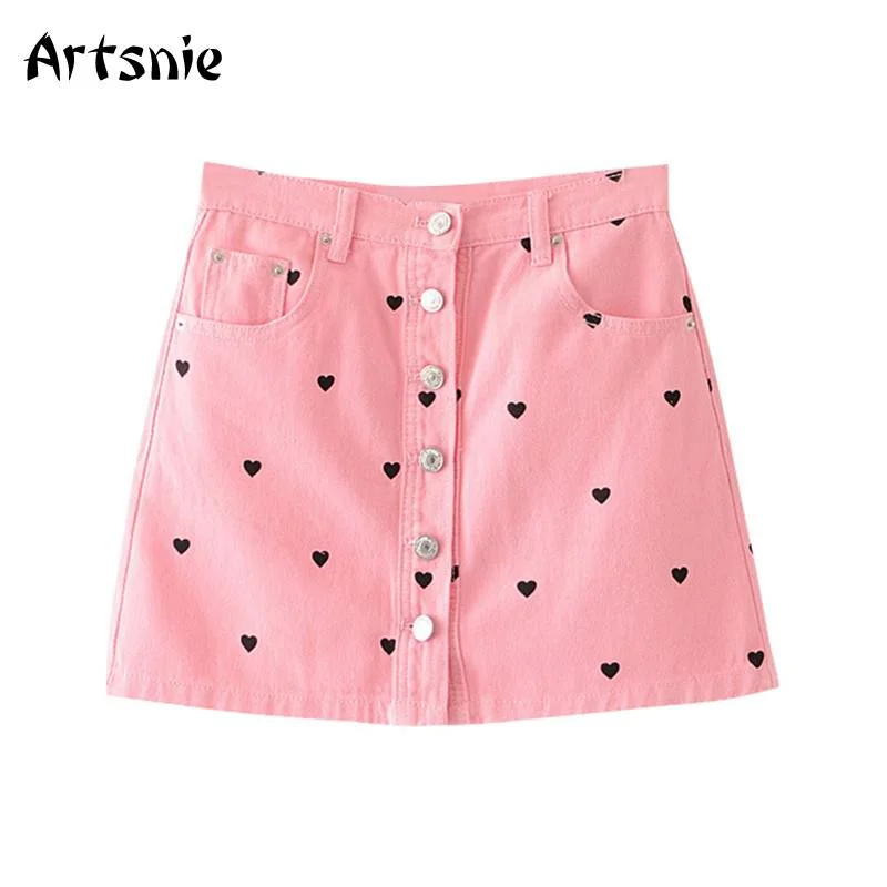 Artsnie sweet heart print pink skirt women winter 2020 high waist pockets zipper skirts mujer vintage jeans short skirts jupe