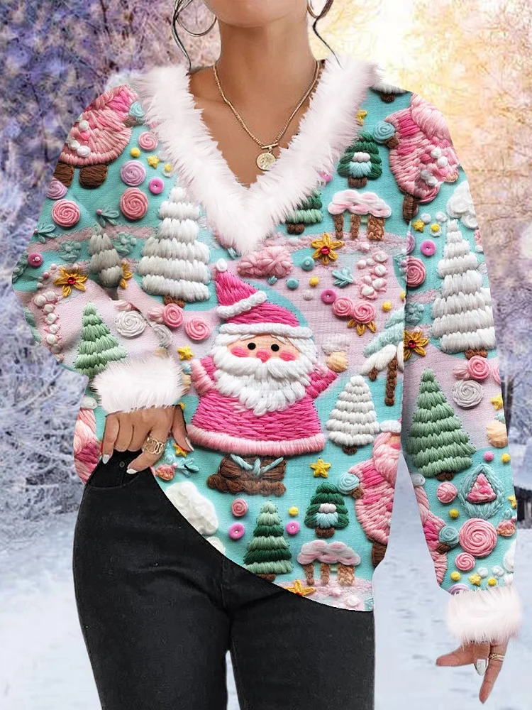 Women's Pink Santa Print Fur Collar Sweatshirt