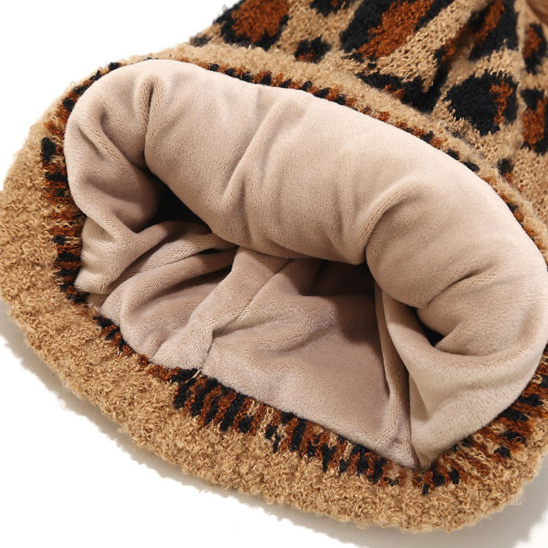 Women's Leopard Print Warm Wool Hat Scarf And Gloves Three-Piece Set