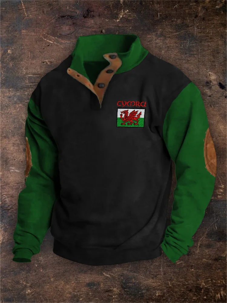Men's Cymru Welsh Embroidered Cozy Button Up Pullover