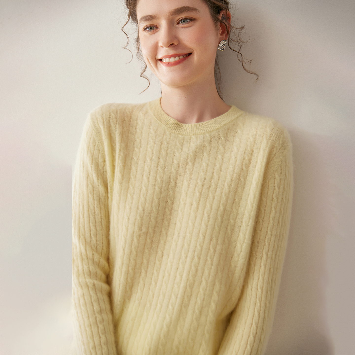 Women's Cable Knit Cashmere Sweater Classic Crewneck REAL SILK LIFE