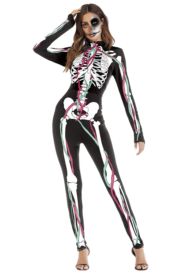 Blood Skeleton Horror Bodysuit Halloween Costume White-elleschic