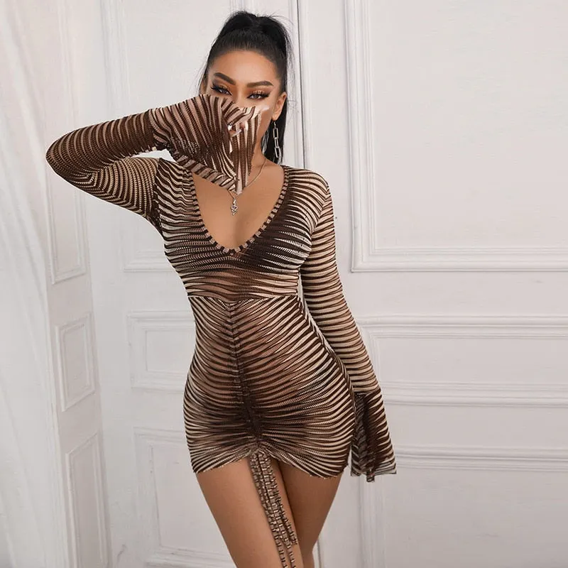 Hawthaw Women Autumn Long Sleeve V Neck Printed Bodycon Gradient Sexy Mini Dress 2021 Fall Clothes Wholesale Items Dropshipping