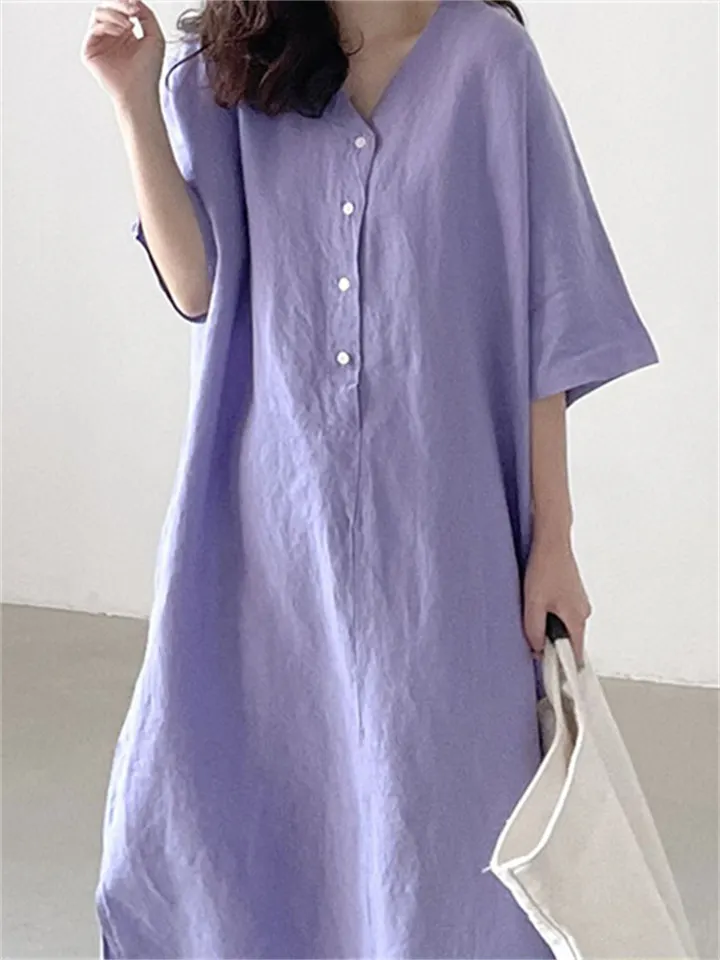 Simple Cotton Linen Dress Loose Short Sleeve Long Shirt Skirt