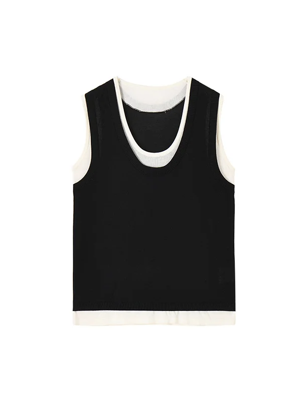 Split-Joint Contrast Color Sleeveless Loose Round-neck Vest Top