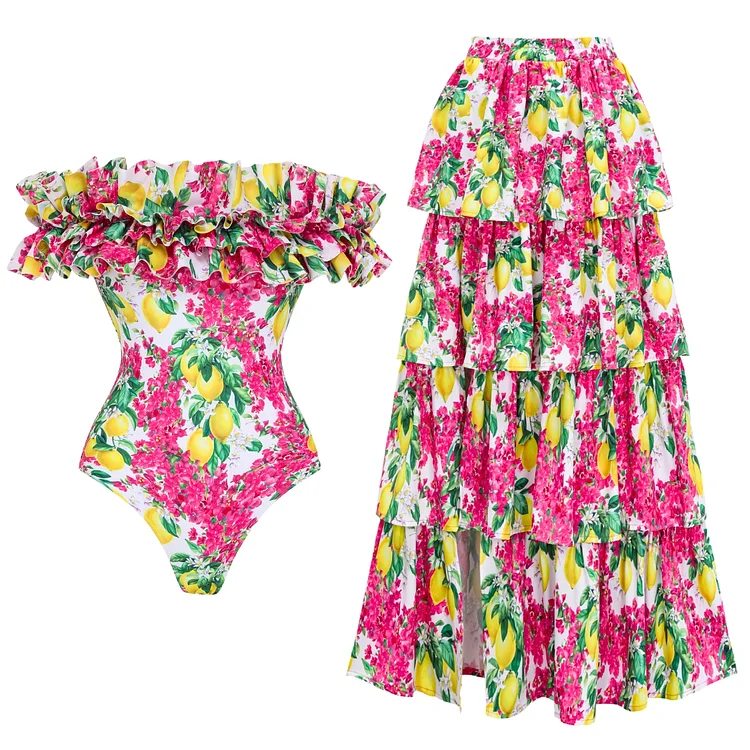 Bandeau Ruffled Lemon Floral Print One Piece Swimsuit and Mesh Splicing Sarong 