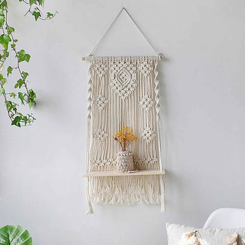 Macrame Wall Shelf Boho Home Decor Shelves On Wall Candle Holder Floating Shelf for Bedroom Wood Decoration Kids Shelving