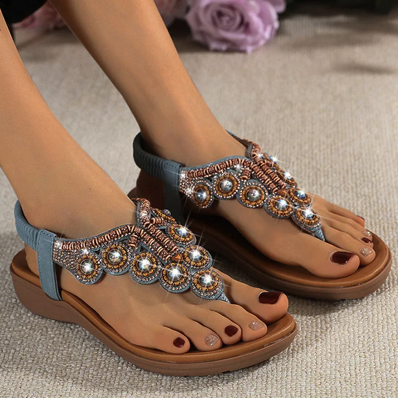 Leather Flip Flops Beaded Platform Female Bohemia  Slippers