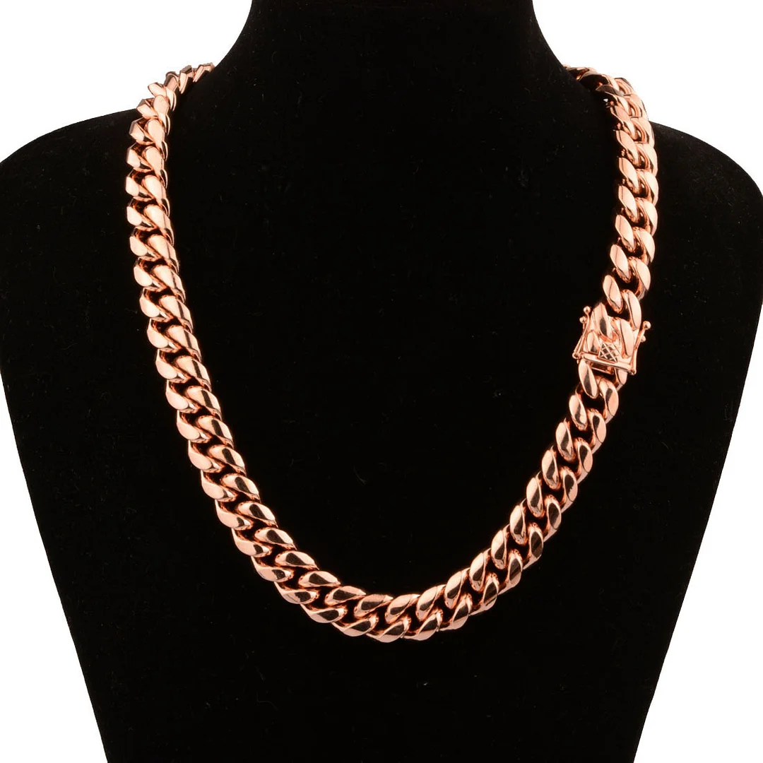 Rose Gold Cuban Link Chain For Men Women Iced Out Chain Miami Cuban Titanium Stainless Steel Necklace Bling Diamond Chains Hip Hop Jewelry 14mm