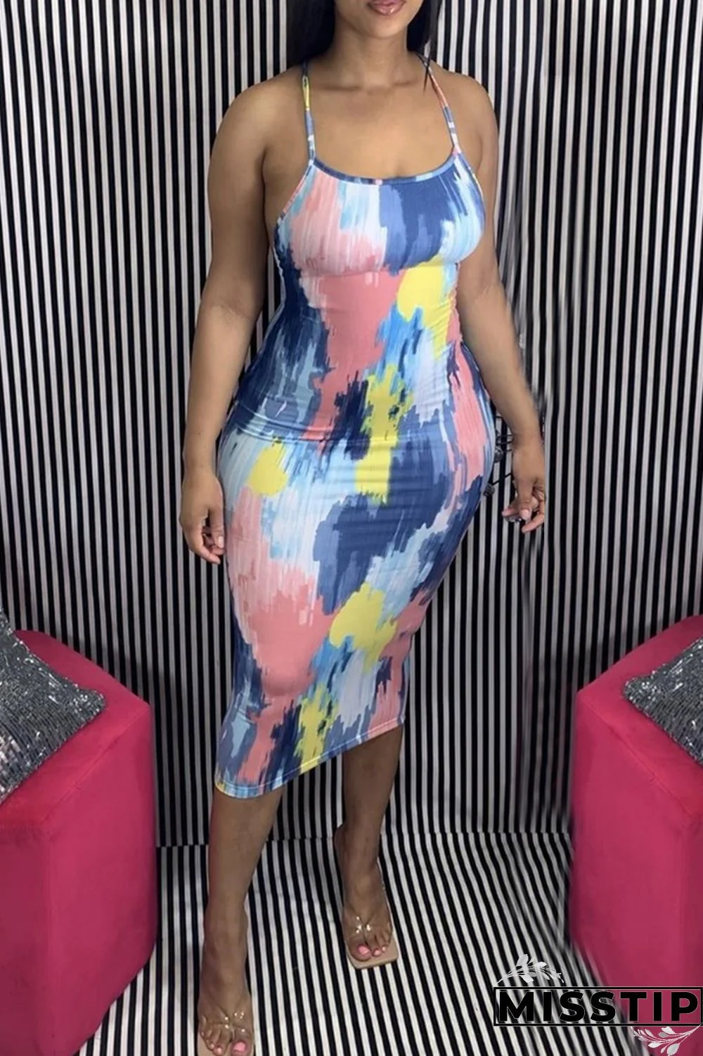 Multi Fashion Sexy Spaghetti Strap Sleeveless Spaghetti Strap Printed Dress Mid Calf Print Dresses