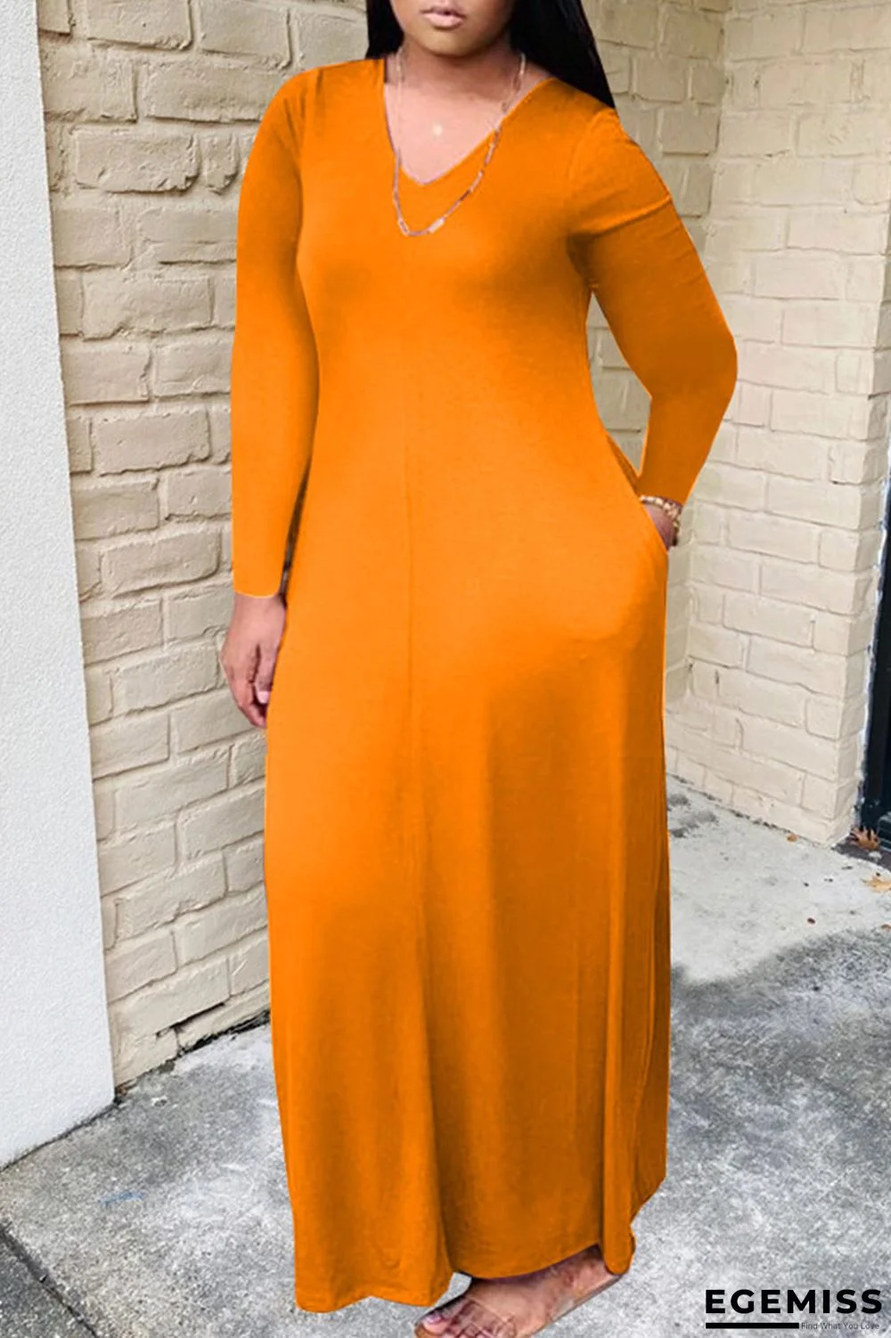 Tangerine Red Casual Solid Patchwork V Neck Long Sleeve Plus Size Dresses | EGEMISS