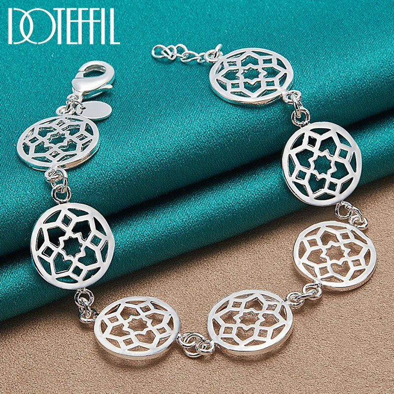 925 Sterling Silver Round Flower Chain Bracelet For Women Jewelry