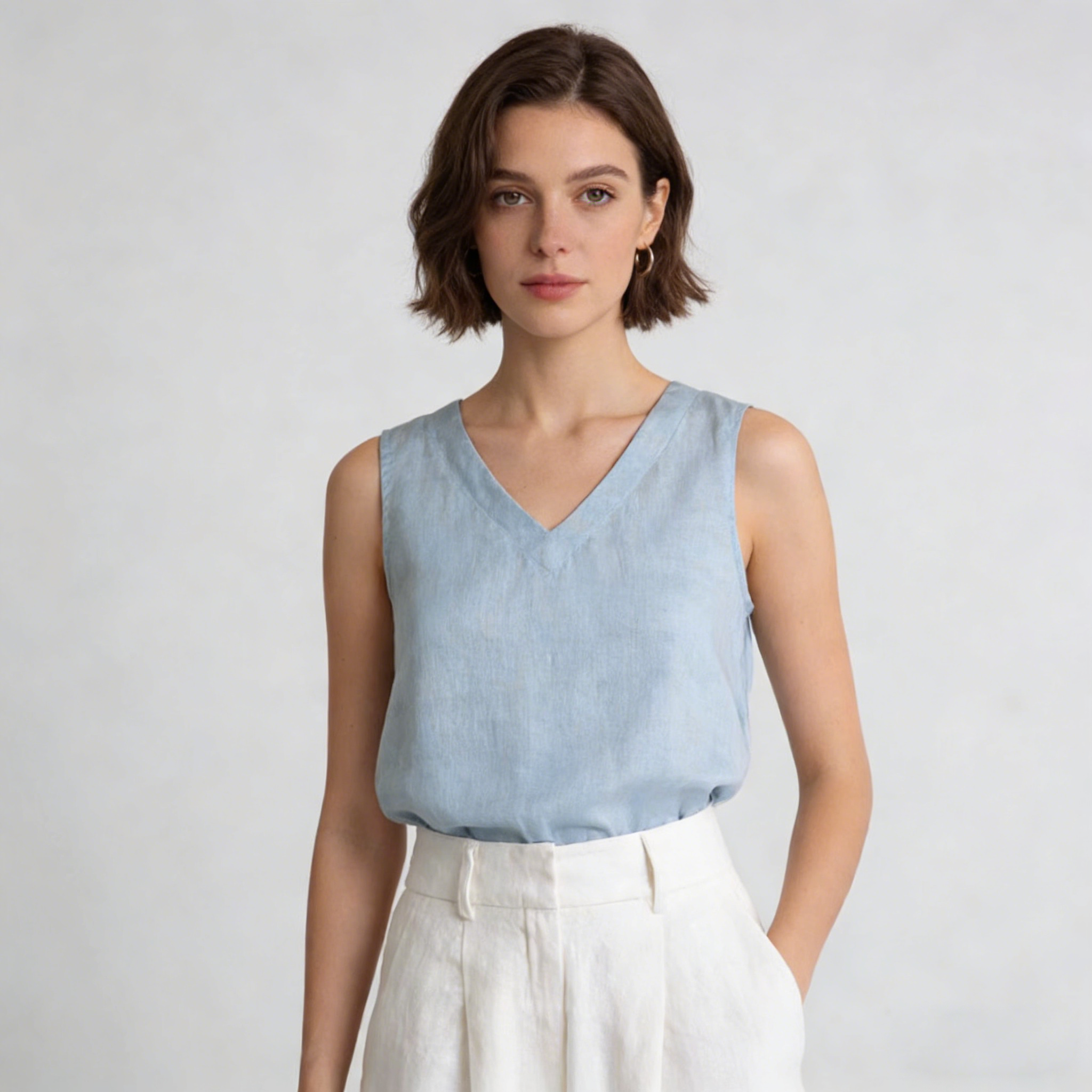 Linen Tank Top Women 100% Linen V Neck Sleeveless Summer Top Breathable REAL SILK LIFE