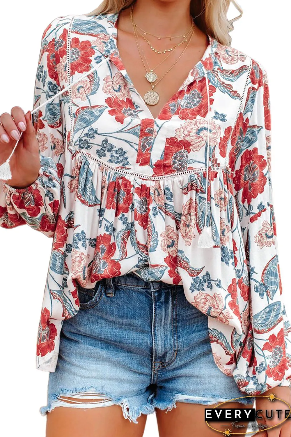 Red Split Neck Bubble Sleeve Floral Patchwork Blouse